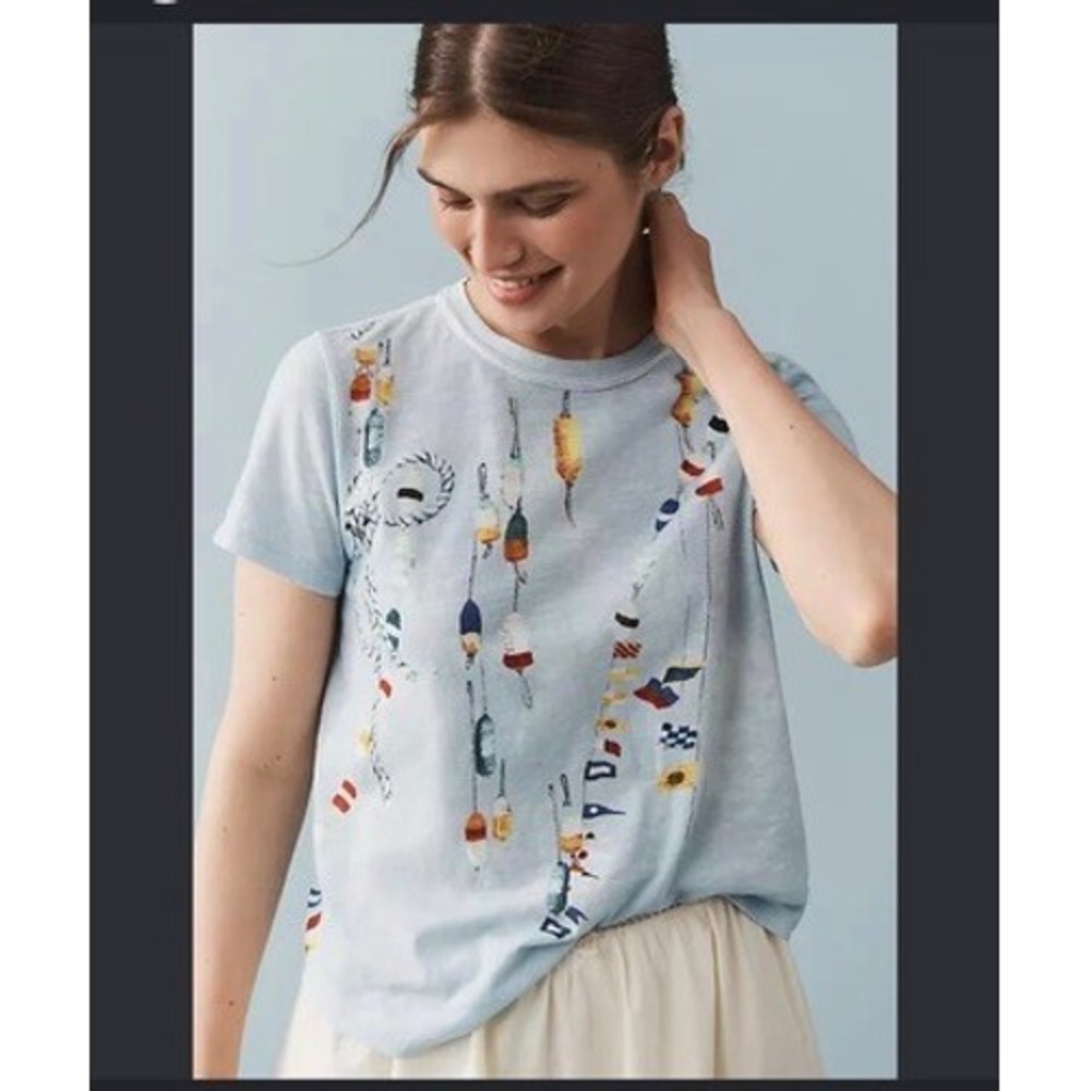 Anthropologie Pilcro Buoy Nautical Graphic Slub Tee Sky Blue XXS NEW